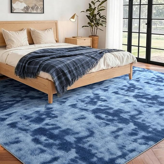FinRèc 6x9 Washable Area Rugs for Bedroom Living Room, Low Pile Thin Ultra Soft Shag Rug, Non-Slip Carpet Indoor for Home Decor (Tie-dye Teal)