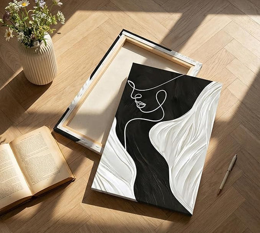 Abstract Female Line Canvas Wall Art Modern Abstract Figure Graphic Wall Decor Picture 3d Texture Black White Grey Minimalist Poster Print Painting for Living Room Bedroom Bathroom Home Decoration