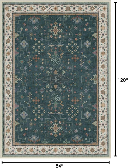 Hazo Haus Dark Green Vintage 7x10 Washable Rugs for Living Room - Dark Academia Victorian Floral Geometric Bedroom Rug, Ultra Soft Thin Low Pile Non-Slip Large Rugs for Lounge
