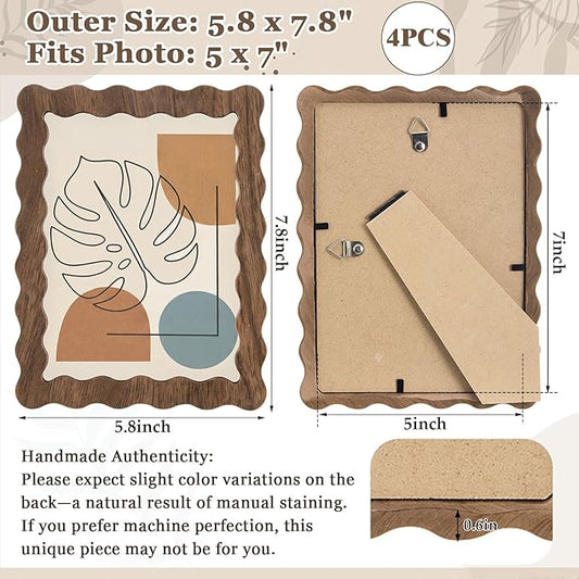 Novabright 4 Pcs 5 x 7 Inch Wood Wavy Edge Picture Frame Vintage Wooden Photo Frame with Real Glass for Tabletop and Wall Display Home Decor Photo Gallery Family Friend Wedding Graduation Gift