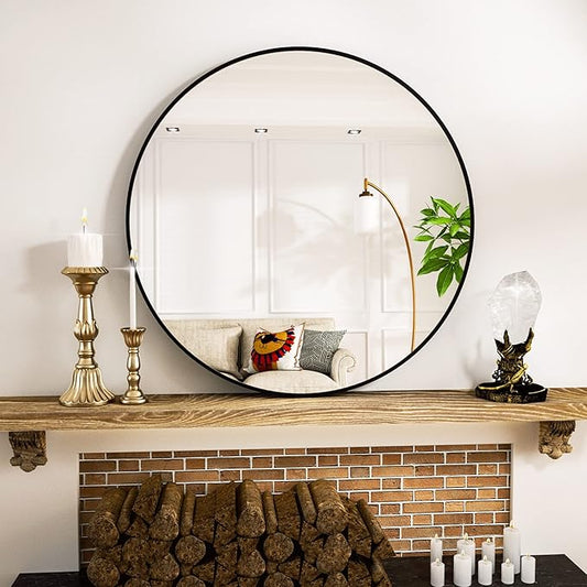VooBang Round Mirror 23.6" Black Wall Mounted Circle Mirrors Vanity Mirror with Aluminum Alloy Frame Modern Decoration for Bathroom, Living Room, Vanity, Bedroom, Entryway