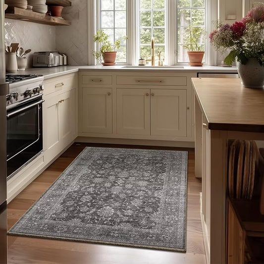 Washable 3x5 Entryway Rug, Boho Non-Slip Vintage Distress Small Rugs for Kitchen Nursery Office Bedroom, 0.3" Neutral Oriental Throw Thin Carpet with Cushioning Pad, Grey/Multi, E3
