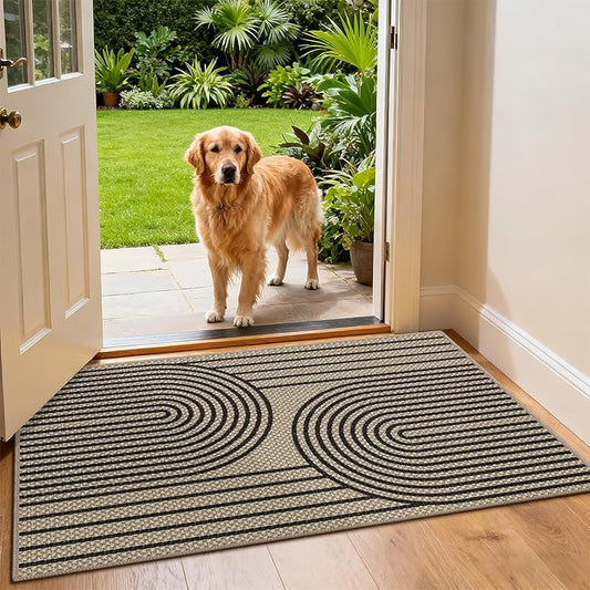 Easy Jute Front Door Mat, 2' x 3' Entryway Porch Rug, Black Farmhouse Ultra-Thin Washable Non-Slip Mat for Indoor Foyer & Outdoor Patio Decor