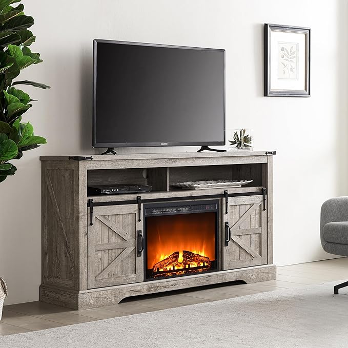 OKD Fireplace TV Stand for 65+ Inch TV, 33" Tall Highboy Farmhouse Entertainment Center w/ 23'' Electric Fireplace, Rustic Media Console w/Sliding Barn Door for Living Room, Light Rustic Oak