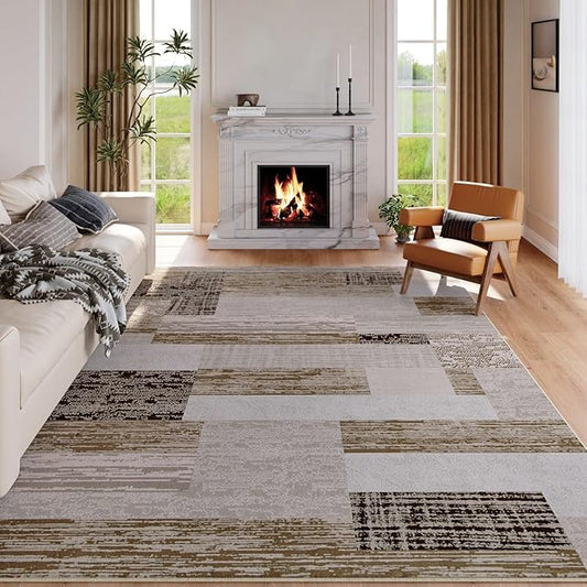 FlyDOIT Modern Geometric Patchwork Area Rug, 4x6 Beige Large Rugs for Living Room, Rockwood Collection Indoor Rugs for Bedroom, Throw Carpet Floor Decor for Entryway Dining Room Office Nursery