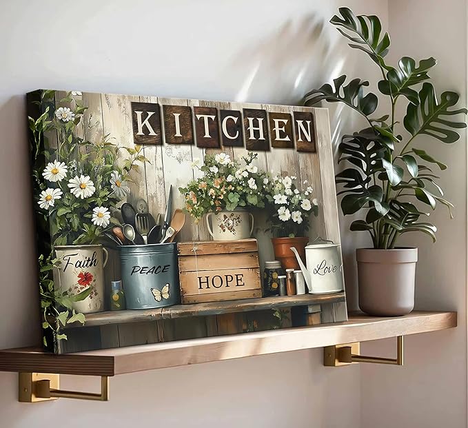 Rustic Kitchen Canvas Wall Art Inspirational Kitchen Painting Picture Decor Country Still Life Floral Poster Print Artwork for Restaurant Home Decoration