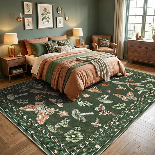 ROYHOME Mushroom 8x10 Area Rugs for Living Room Low-Pile Whimsical Cottage Core Insect Bug Butterfly Funky Dark Gothic Decor for Bedroom Nursery Dining Room Olive Green
