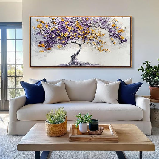 crmotu Tree of Life Large Framed Wall Art, Purple Tree Abstract Art Wall Decor, Modern Neutral Plant Canvas Prints, Minimalist Wall Pictures for Living Room Bedroom Yoga Office Decorations 29x57inch