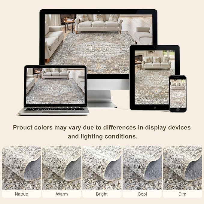 5x7 Washable Area Rugs for Living Room: Non Slip Vintage Brown Gray Rug, Large Soft Stain Resistant Indoor Floor Carpets for Bedroom Dining Room Nursery Home Office Kid & Pet Friendly