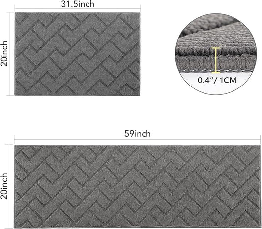 hicorfe Kitchen Runner Rugs and Mats Sets,2 Pieces Absorbent Non-Slip Kitchen Rug,Comfort Kitchen Mat for Floor,Washable for Kitchen,Hallway,Office,Sink,Laundry(20"x59"+20"x32",Grey)