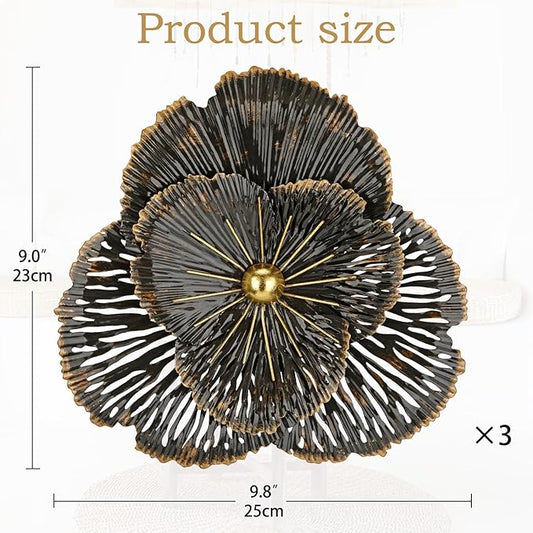 DILATATA 3 Pcs Metal Flower Wall Art Set 10 Inch Rustic Modern Floral Sculpture 3D Metal Flower Wall Hanging Accent for Indoor Living Room Bedroom Kitchen Bathroom Garden Patio Decor - Black