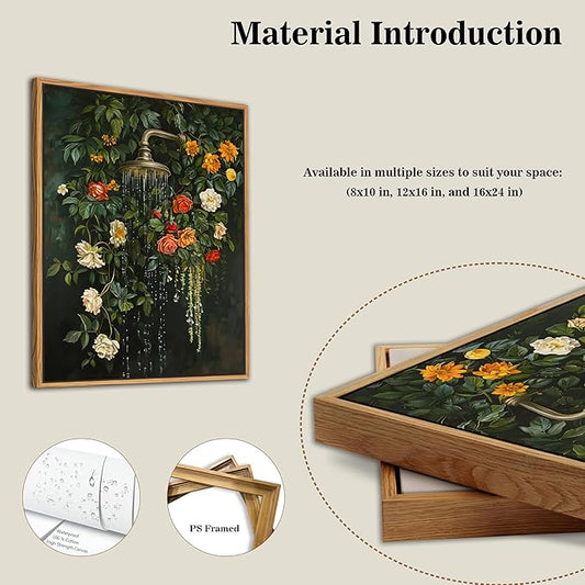 Floating Framed Floral Shower Wall Art, Vintage Botanical Flower Canvas Print, Romantic Garden Roses and Waterfall Painting, Nature Inspired Bathroom Wall Decor for Home Living Room 16x24 inch