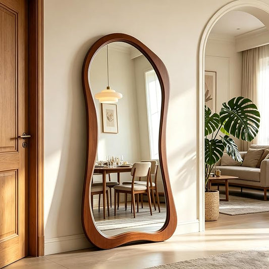 Large Irregular Mirror, 63"x30" Asymmetrical Aesthetic Mirrors with Solid Wood Frame, Premium Organic Shape Floor Mirror for Living Room Entryway Hallway Bedroom Cloakroom, Leaning/Hanging