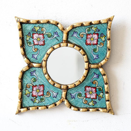 Peruvian Artisan Mirror for wall Decorβ Small Diamond/Square wall Mirror with Bronze Leaf Frame (Turquoise)