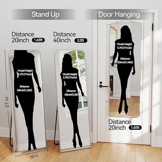 SCWF-GZ 57x20 Door Hanging Full Length Mirror, Floor (Height 5.7ft just Body in 1.3ft) or Wall Mounted Metal Frame Rectangle Dressing Mirrors for Bedroom Bathroom Living Room 57 inch Silver