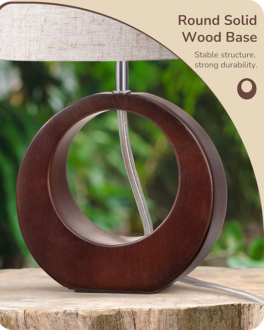 EDISHINE 13.4" Wood Table Lamp, Small Bedside Lamp with Beige Linen Lampshade & ON-Off Switch, E26 Base, Modern Nightstand Lamp for Living Room, Bedroom, Dark Walnut