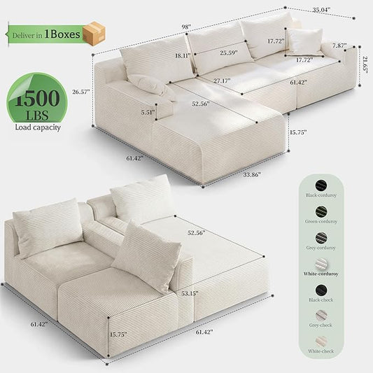 Homkdom L-Shaped Cloud Boneless Couch with Deep Seat, Modular Sectional Sofa with Oversized Chaise, 6 Layouts Combination for Living Room, Apartment, No Assembly (White, Left Chaise)