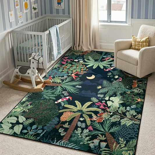 LIVEBOX 6x9 Jungle Dark Rug Dining Room Rugs for Under Table, Soft Modern Green Rugs for Living Room, Washable Kids Rug for Boy Bedroom, Non-Skid Kids Carpet Playmat for Play