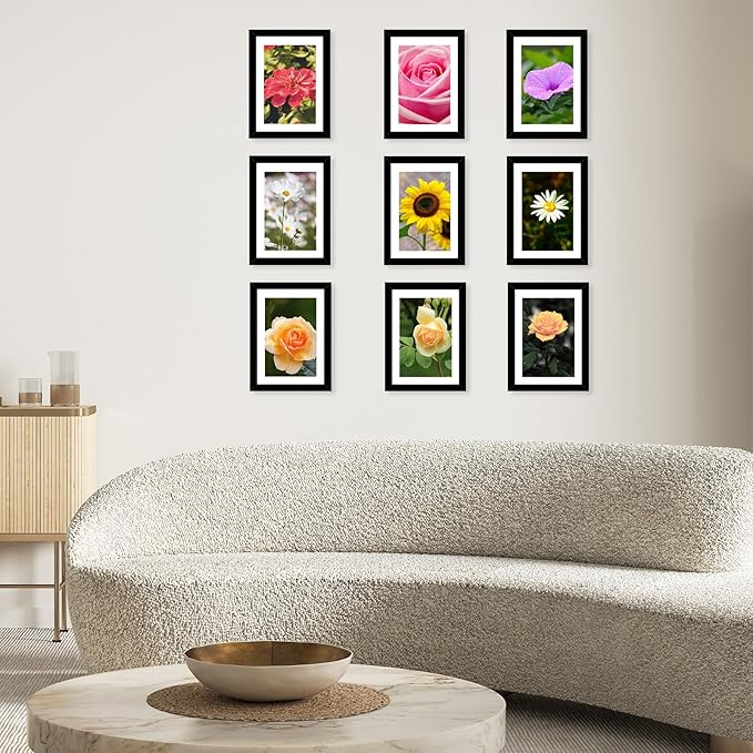 JCJMY 5x7 Picture Frame with 4x6 Mat Set of 6, Display Photo 4x6 with Mat or 5x7 without Mat, 5 by 7 Wall Poster Photo Frame with Shatter Resistant Plexiglass for Wall or Tabletop, 6 Pack, Black