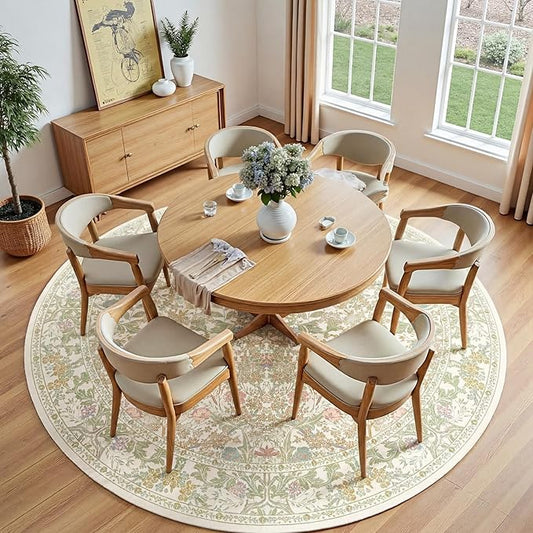 Lunasun Sage Green Large Round Rug for Living Room - 8ft Circle Area Rug for Bedroom, Kids Room, Home Office, Foyer, Non Slip Washable Botanical Floral 8 x 8 Décor