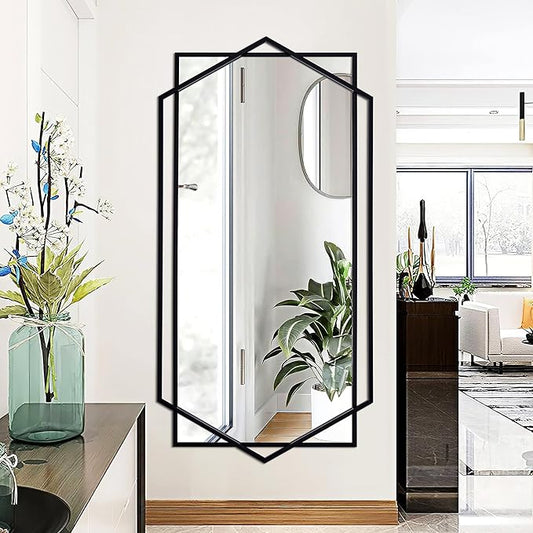 Black Wall Mirror for Decor, 30"x59" Decorative Living Room Mirror, Small Bathroom Mirror with Metal Frame, Modern Hexagon Mirror for Dining Room, Entrance