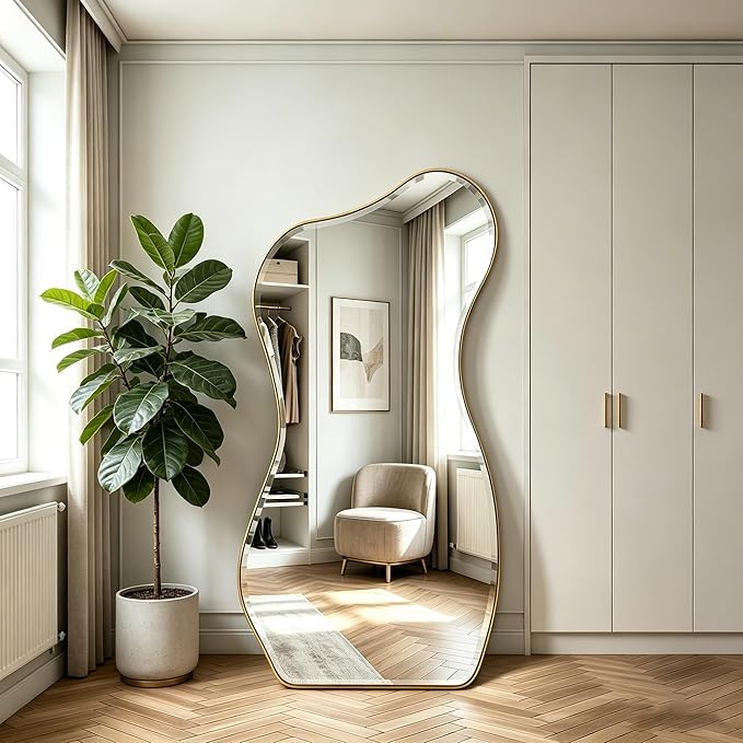 POZINO Irregular Beveled Mirror Full Length, 66.8"x33.5" Asymmetrical Aesthetic Wall Mirror with Metal Frame, Premium Organic Floor Mirrors for Living Room Entryway Cloakroom, Leaning/Wall-Mount