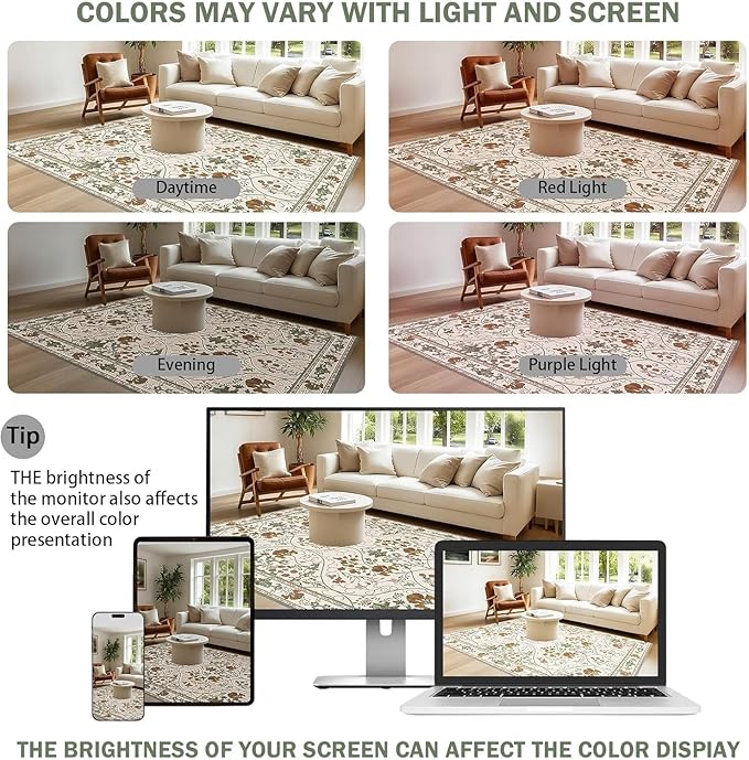 Area Rug 6x9 Machine Washable Vintage Floral Rugs for Living Room,Large Boho Non Slip Indoor Carpet for Bedroom Dining Room,Beige White