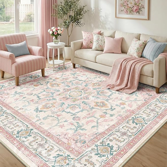 CAPALOCA Machine Washable Rugs Nursery Rug Sq8ft Cute Girl Non Slip Low Pile Water Repellent Soft Print Pattern for Bedroom Indoor Decor Kids Playroom Pink Teal