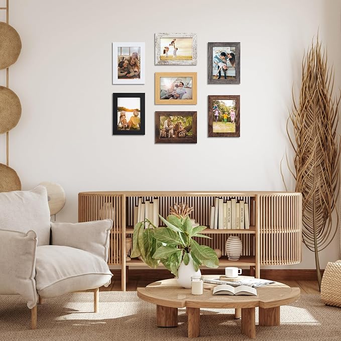 PETAFLOP 5x7 Picture Frame Set of 7, Wooden Rustic Photo Frames 5 by 7 for Tabletop and Wall Display, Assorted Colors