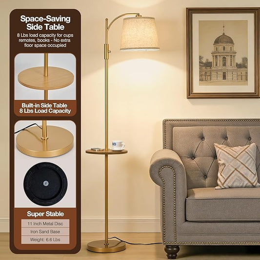 AIDENOEY Fully Dimmable Floor Lamp for Living Room,Standing Lamp Rotary Switch with Table&Linen Beige Shade,Golden Tall Lamps for Bedroom with Adjust Head,9W LED Bulb Included