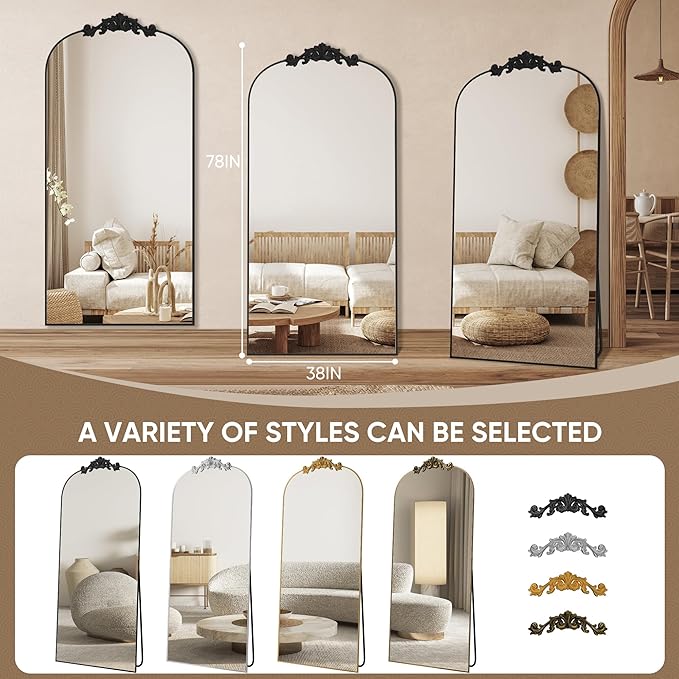 Antok Arched Full Length Mirror, 78"x38" Floor Mirror with Carved, Full Body Mirrors for HomeDecor, Standing/Halling Large Wall Mirror for Bedroom, Living Room, Cloakroom, Black, Retro Style