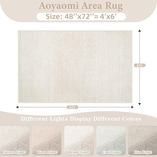 Area Rug 4x6 Geometric Rug: Washable Boho Moroccan Rugs Soft Farmhouse Rug, Modern Neutral Stain Resistant Indoor Floor Carpet for Livingroom Bedroom Dining Table Nursery(Modern Beige,4'x6')