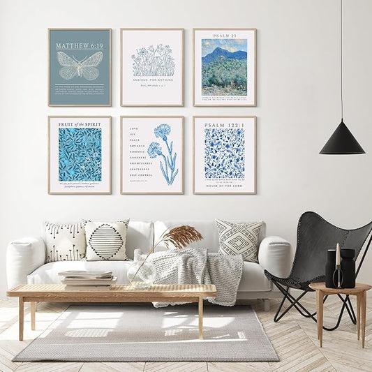 Habseligkeit Blue Butterfly Wall Art Prints, Retro Flower Wall Decors for Room Aesthtic, Abstract Posters for Girls Bedroom Decor Aesthetic Unframed, 8X10in, Set of 6