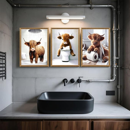 FYLDPSB 3Pcs Framed Little Highland Cow Bathroom Canvas Wall Art, Funny Signs Animal Wall Decor, Rustic Cute Poster Prints for Bathroom Restroom Decor 24''L x 16''W