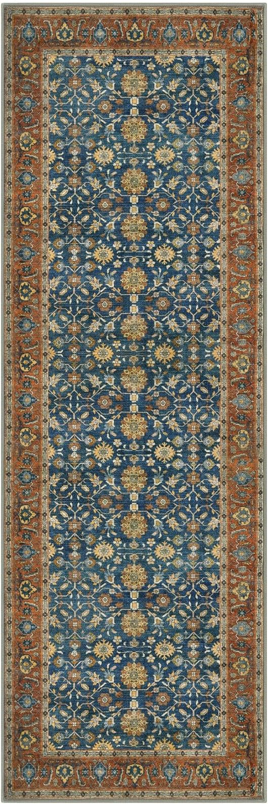 KUTA Vintage Washable Runner Rug, 2x6 Blue Terracotta Runners for Hallways Non-Slip Kitchen Rugs Ultra Thin Soft Printed Oriental Floral Floor Carpet for Laundry Bedroom Living Room Nursery