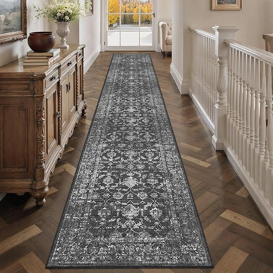 2x12 Black Runner Rug Hallway Washable Area Rugs Kitchen Vintage Boho Non Slip Long Rug Floral Carpet Indoor Retro Soft Low Pile Throw Rug for Bedroom Bathroom Laundry Dining Living Room Office