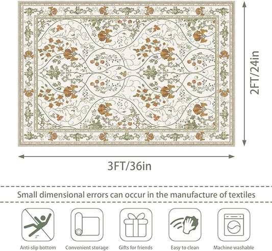 Floral 2x3 Washable Vintage Entryway Rug Non Slip Low Pile Small Rugs, Front Door Rugs for Entrance Kitchen Bedroom Laundry Bathroom,Beige White