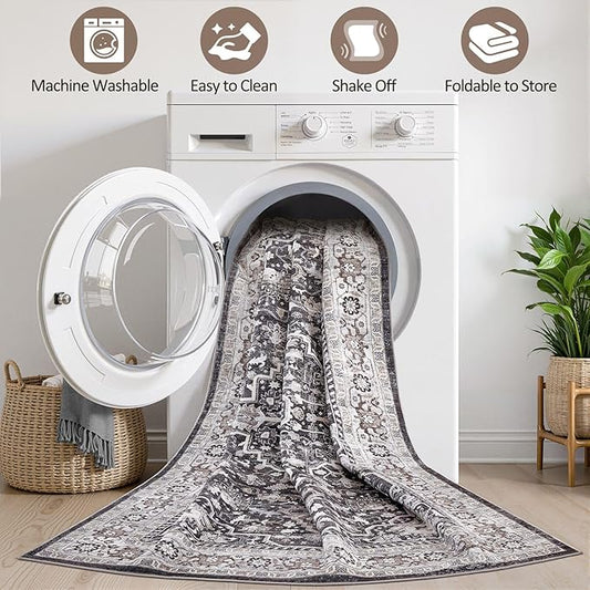 Black Rug Living Room Rugs: 7x10 Washable Boho Large Vintage Moody Soft Stain Resistant Oriental Farmhouse Non-Slip Indoor Floor Carpet for Bedroom Playroom Office Dining Room Retro Home Decor