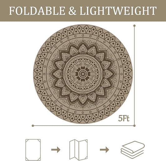 Easy Jute Outdoor Round Rug, 5ft Washable Indoor Outdoor Patio Rug, Brown Non Slip Round Area Rug Farmhouse, Boho Carpet for Backyard Patio