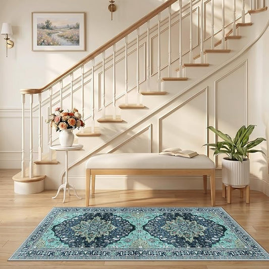 RELEANY Area Rugs 2'6"x5' Runner Rug Non Slip Washable for Kitchen Hallway Bedroom Beside Laundry Room Bathroom Rug, Floor Carpet, Teal Green Lake Blue Turquoise