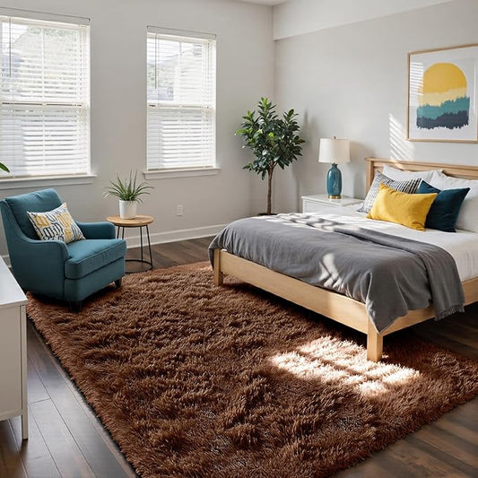 yongyangjuxin Fluffy Rug Shag Area Rug, Brown 6x9 Area Rugs for Living Room, Large Shag Area Rugs for Bedroom Kids Room Home Decor, Upgrade Anti-Skid Rectangular Fuzzy Rugs