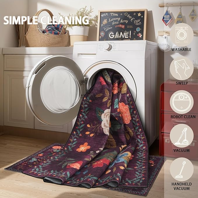 Floral Rug for Entryway, 2x3 Washable Kitchen Mat Ultra-Thin Soft, Non-Slip Indoor Door Carpet Stain Resistant Boho Small Low-Pile Throw for Bathroom Bedroom, Purple