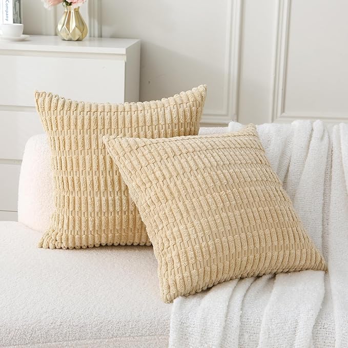 2 Pack Corduroy Decorative Throw Pillow with Inserts, 18x18 Inch Soft Boho Throw Pillow, Square Striped Throw Pillows for Couch, Bed, Sofa Decor (Creamy Beige)