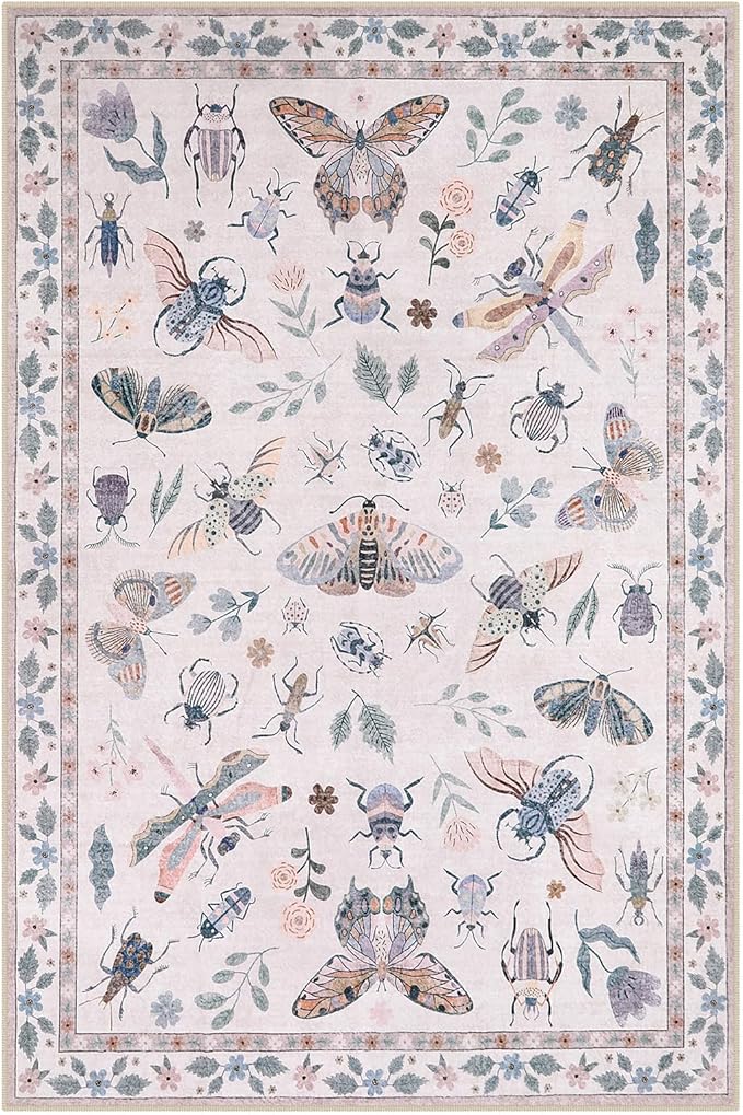 Lahome Insect Print Washable Rugs for Living Room, Soft 6x9 Pink Rug for Bedroom Ultra-Thin Non Slip, Stain Resistant Large Carpet for Dining Room Nursery Classroom Vionnet(6'x9',Pink)