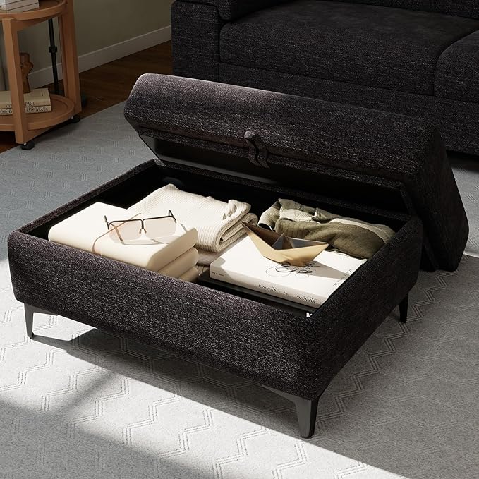 Upvilla 35" Large Storage Ottoman for Living Room, 7.8" Deep Seat Rectangular Ottoman Foot Rest for Couch, Chenille Storage Footstool Load 350 lb (Dark Dray)
