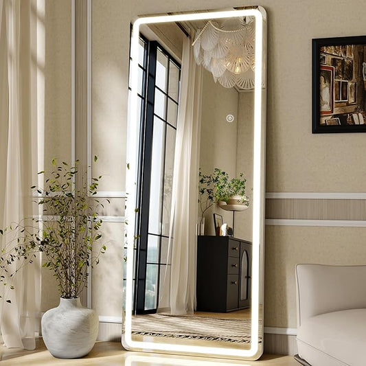 LED Full Length Mirror Floor Mirrors with Dimming &3 Color Lighting 26 x 68 Inch LED Mirrors Full Body with Stand for Bedroom Dressing Room Rect