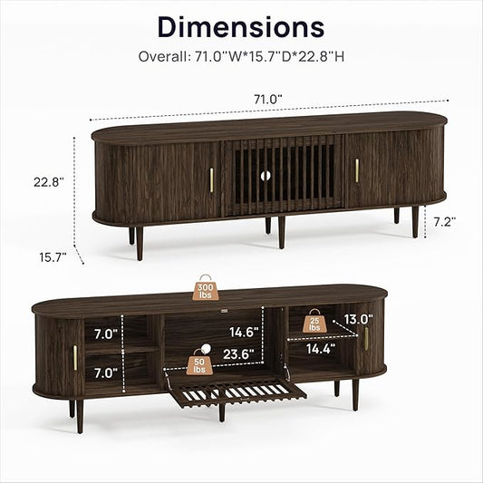 70" Fluted Mid Century Modern TV Stand for TVs Up to 75", Tambour Sliding Doors Entertainment Center with Storage&LED, Curved Media&TV Console Long TV Stands for Living Room Bedroom, Walnut