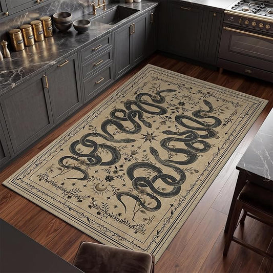 Garvee Snake Gothic Washable Rug 5x7 Dark Whimsical Moody Witchy Unique Soft Thin Carpet for Living Room Bedroom Playroom Indoor Decor Low Pile TPE Backing Taupe