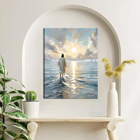 Jesus Canvas Wall Art, Christian Wall Decor of Jesus Walking on Water, Inspirational God Picture for Living Room, Prayer Room or Church, Catholic Religious Artwork – 12"x16" Framed