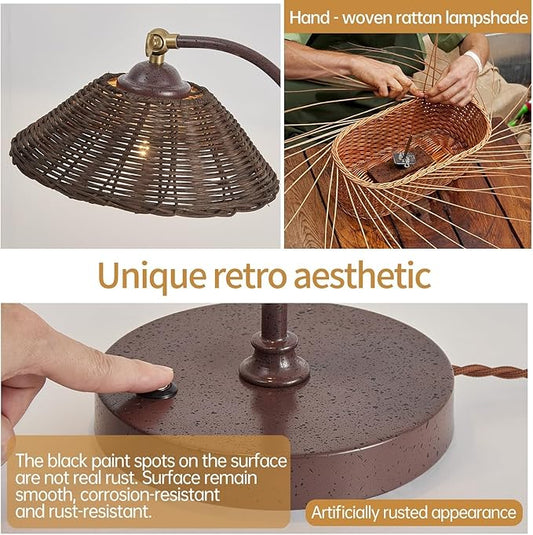 Woven Rattan Table Lamp, Boho Handmade Rattan Shade, Anti-Rust Iron Base Vintage Dark Brown Plug in Desk Lamp, Plug & Play Bedside Nightstand Lamp for Bedroom Living Room Home Office, Bulb Included